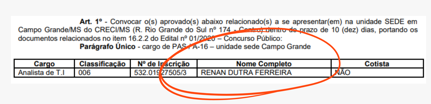 Comprovante de aprovação em concurso de Renan Dutra